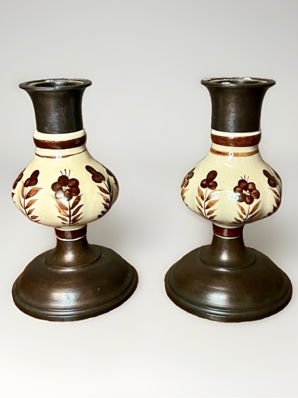 Vintage Pair of Ceramic and Bronze Cream Brown Floral Candlestick Holders